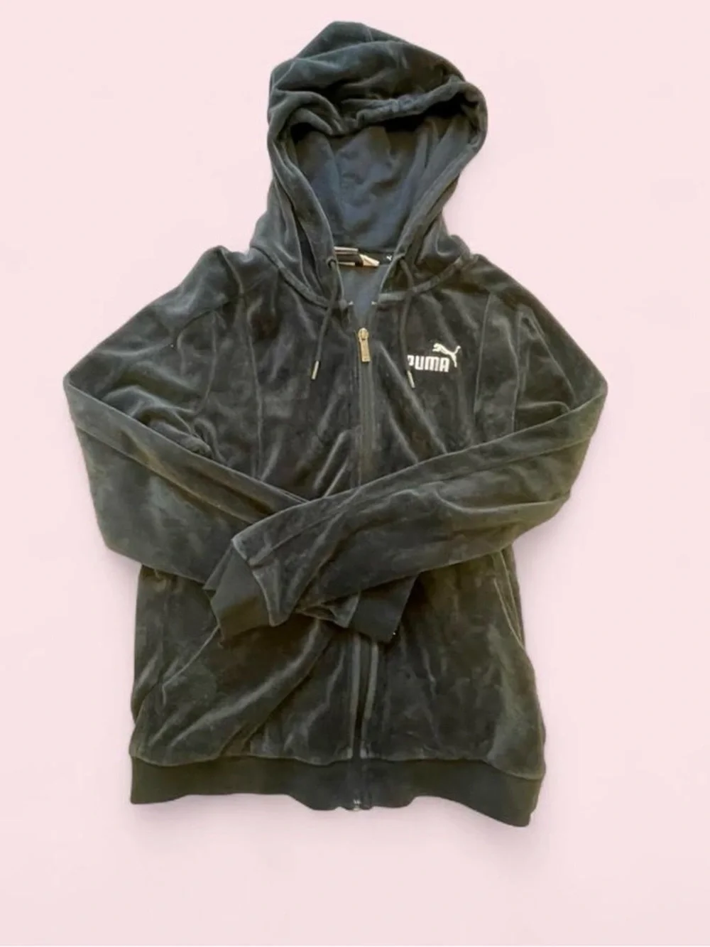 Puma Women’s Black Velour Hoodie with White Logo in size S - Picture 2 of 7